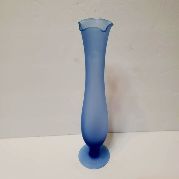 Vintage Frosted Blue Satin Glass Bud Vase, 10" Ruffled Edge Tulip Vase - Picture 1 of 9